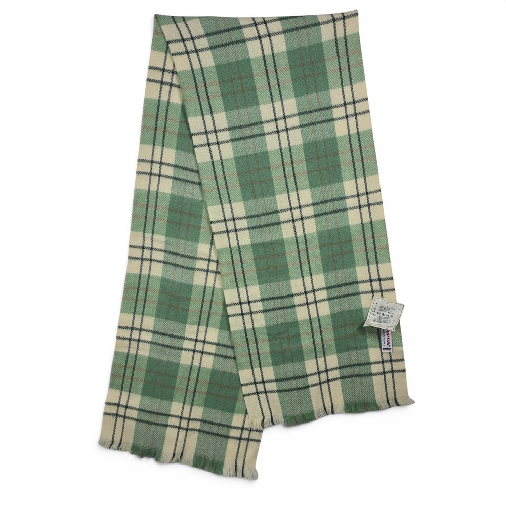 Vintage Betmar Green Plaid Scarf Made in France Acrylic Fringed Tartan 53x11 NWT